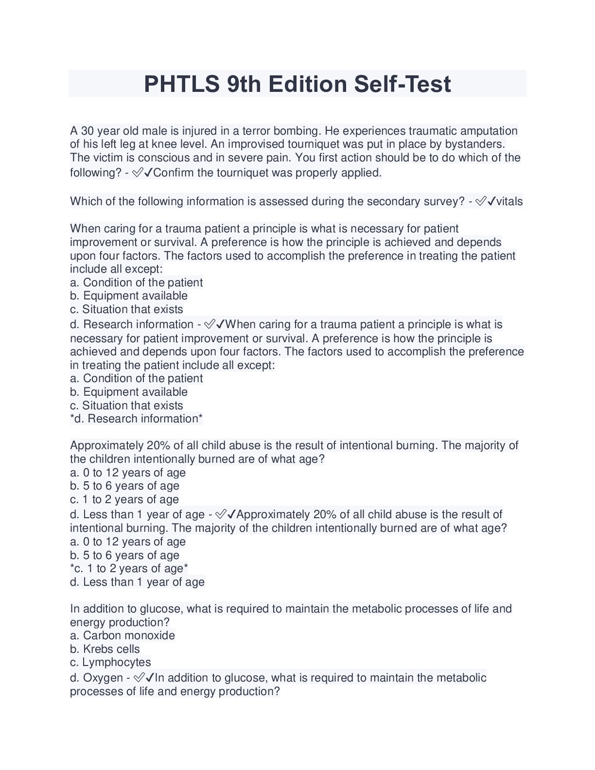 Preview image for PHTLS 9th Edition Self-Test (Updated Version 2023/2024) Verified Answers by Expert